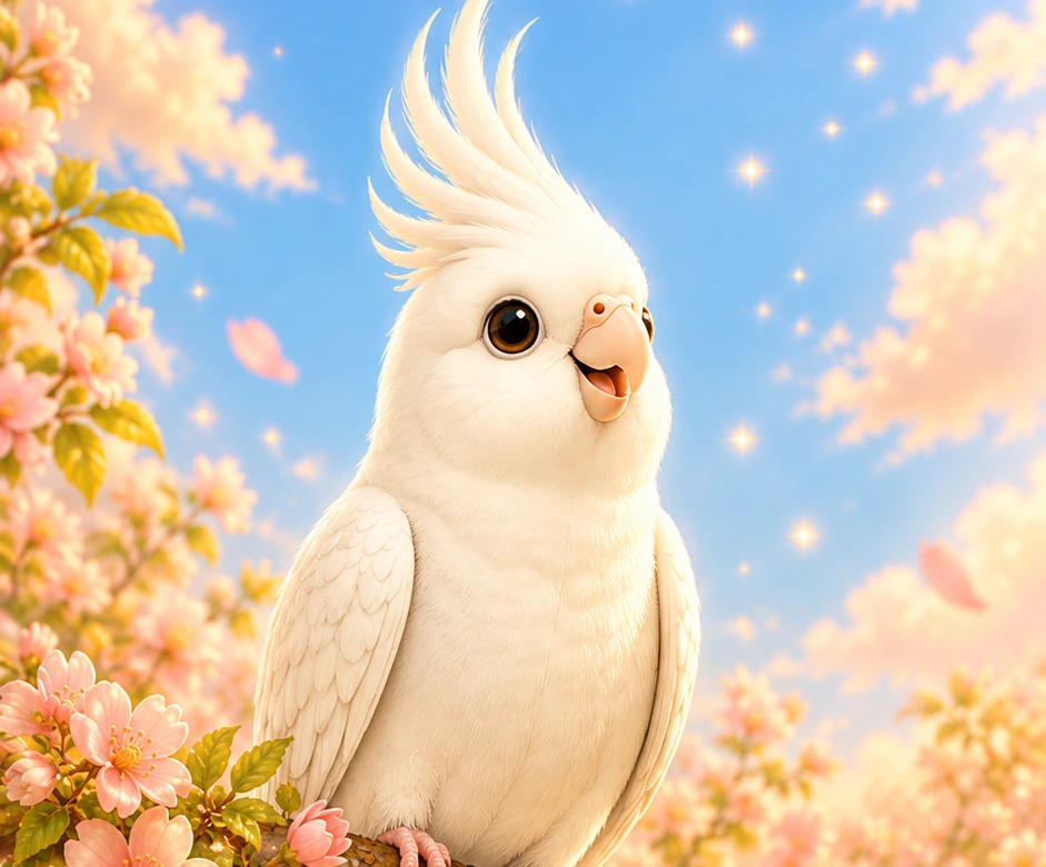 Colorful portrait of Brady the white cockatiel surrounded by flowers