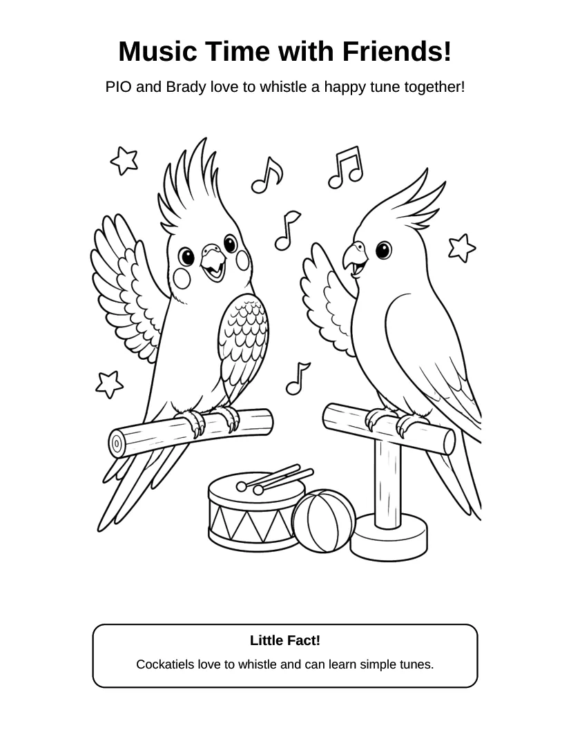 Preview of a music-themed coloring page with PIO and Brady