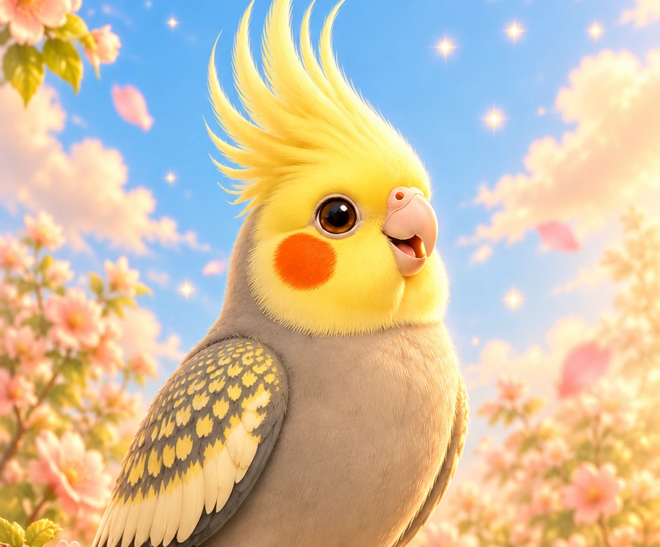 Colorful portrait of PIO the yellow cockatiel surrounded by flowers
