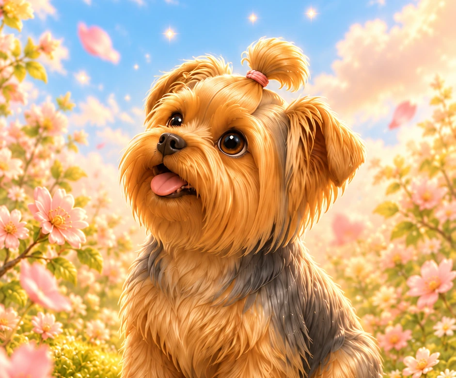Colorful portrait of Zelda the Yorkshire terrier surrounded by flowers