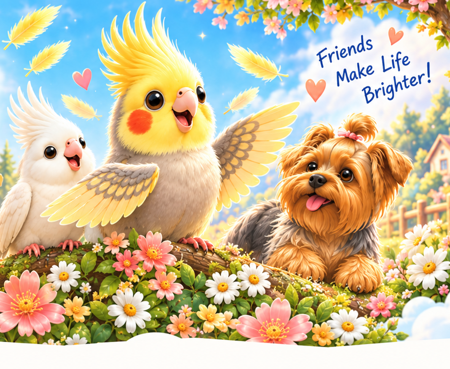 PIO the yellow cockatiel, Brady the white cockatiel, and Zelda the Yorkshire terrier together in a sunny flower garden