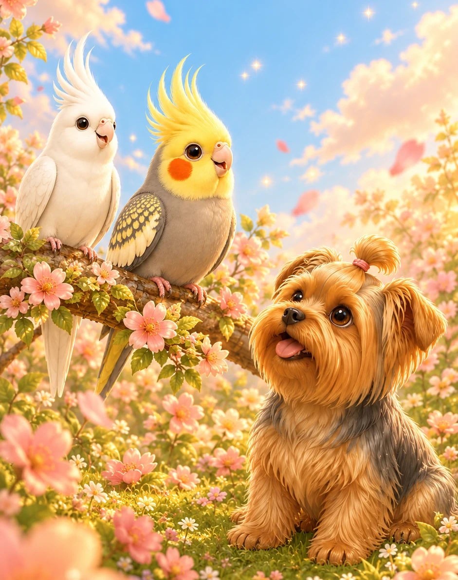 Brady, PIO, and Zelda together in a magical blossom meadow